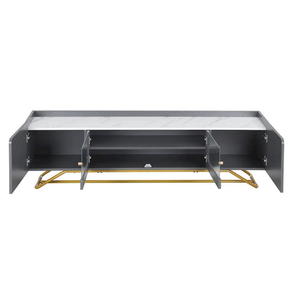 White Marble TV Stand with Gold Frame and Fluted Glass Doors - 63 Inch