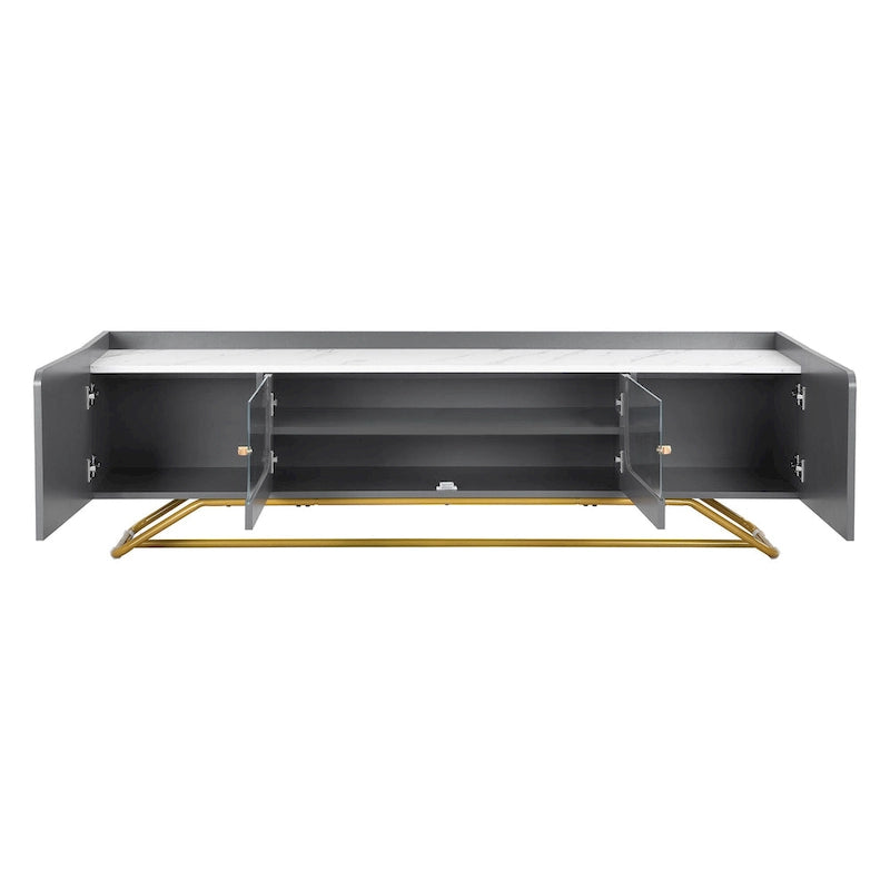 White Marble TV Stand with Gold Frame and Fluted Glass Doors - 63 Inch