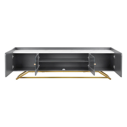 White Marble TV Stand with Gold Frame and Fluted Glass Doors - 63 Inch