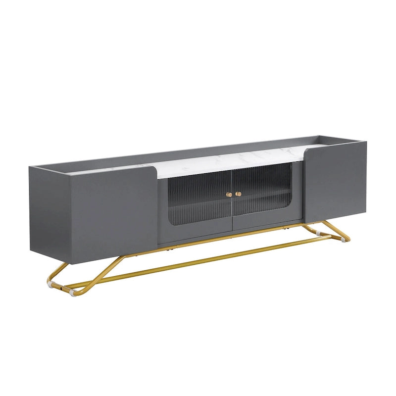 White Marble TV Stand with Gold Frame and Fluted Glass Doors - 63 Inch