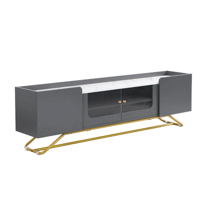 White Marble TV Stand with Gold Frame and Fluted Glass Doors - 63 Inch