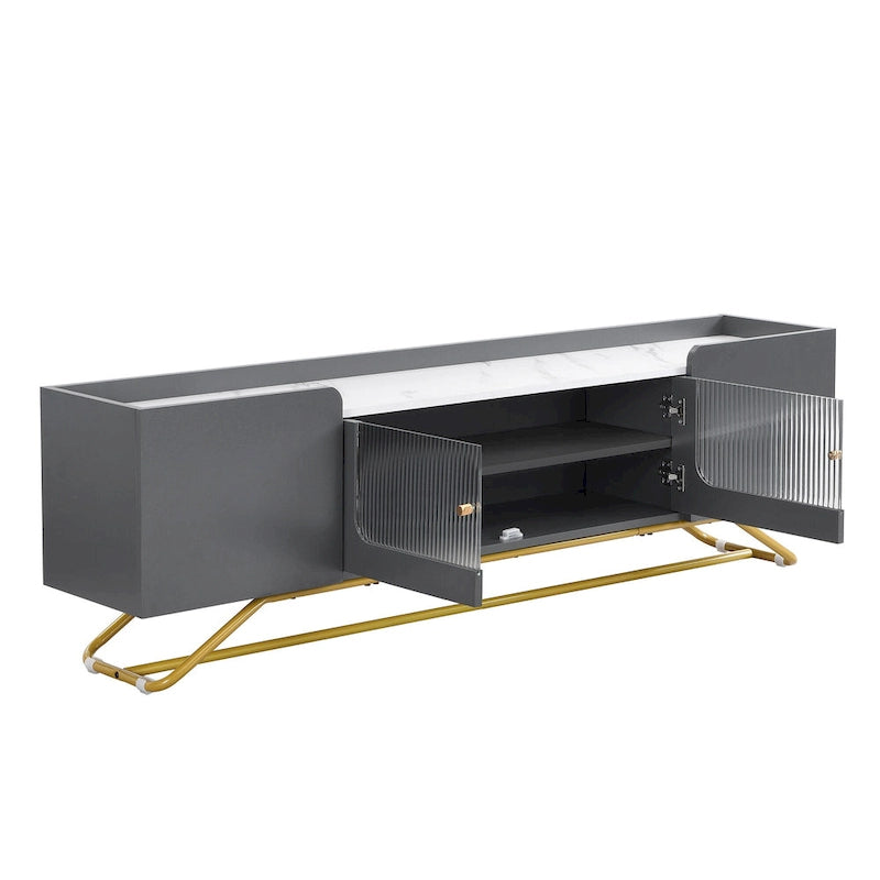 White Marble TV Stand with Gold Frame and Fluted Glass Doors - 63 Inch