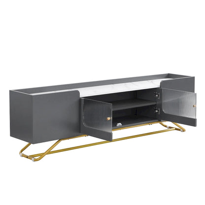 White Marble TV Stand with Gold Frame and Fluted Glass Doors - 63 Inch