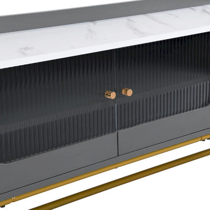 White Marble TV Stand with Gold Frame and Fluted Glass Doors - 63 Inch