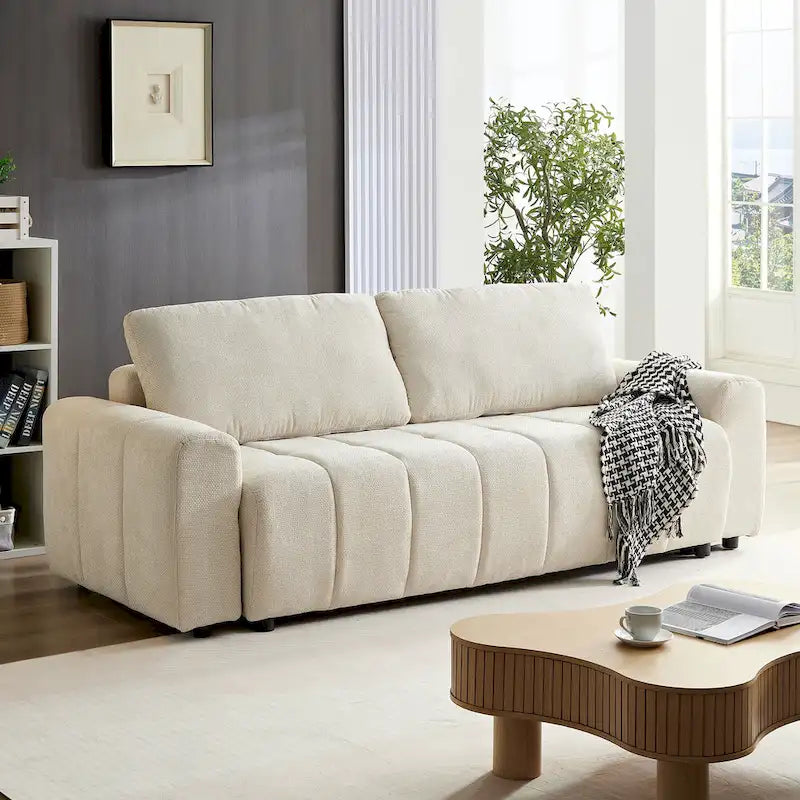 94.49  Sleeper Sofa Bed - 2-in-1 Pull-Out Couch with Storage Chaise, Cream Style for Living Room and Guest Room