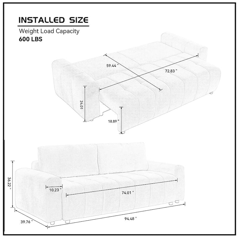94.49  Sleeper Sofa Bed - 2-in-1 Pull-Out Couch with Storage Chaise, Cream Style for Living Room and Guest Room
