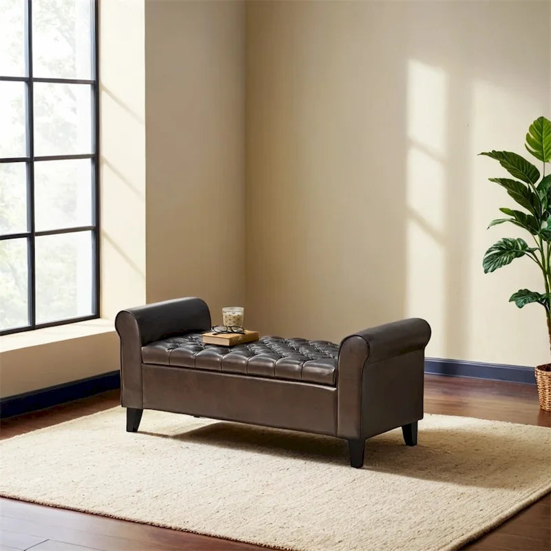 Upholstered Storage Bench with Arms and Concealed Compartment