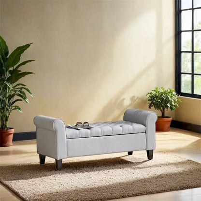 Upholstered Storage Bench with Arms and Concealed Compartment
