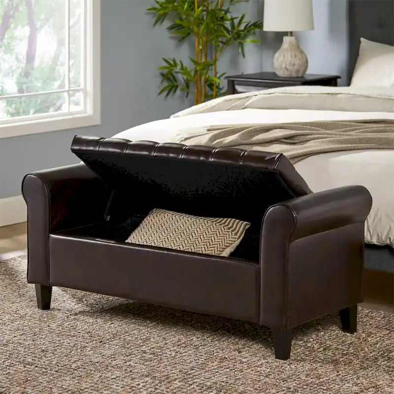 Upholstered Storage Bench with Arms and Concealed Compartment