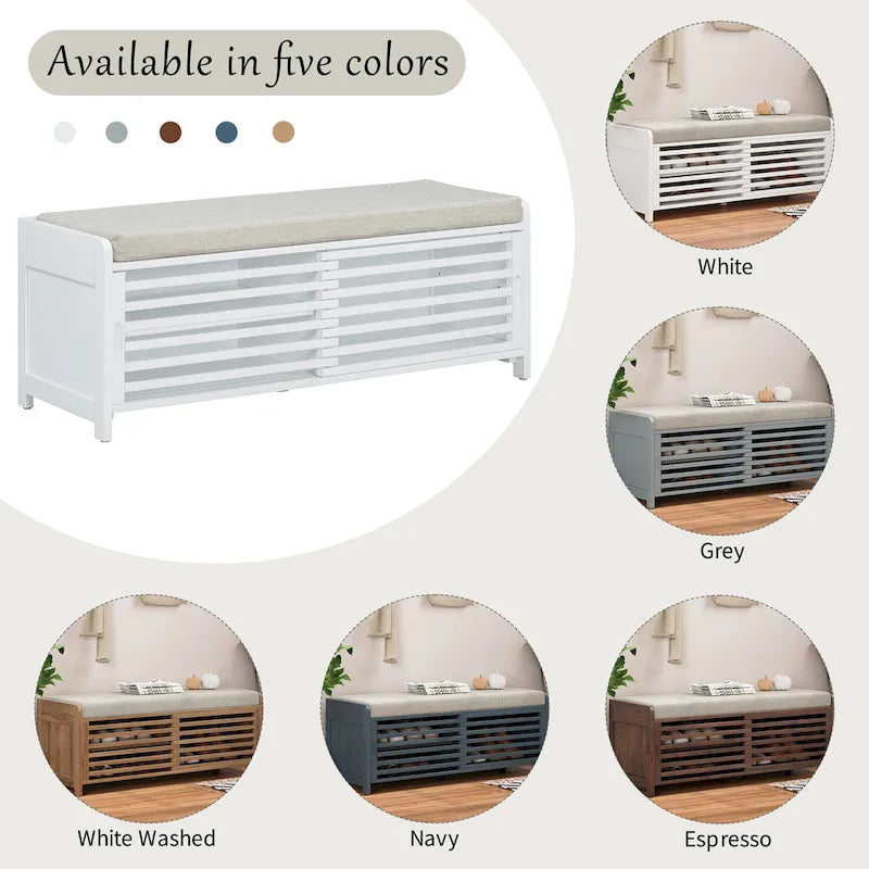 Distressed Shutter Storage Bench with Acacia Veneer for Retro Charm for Living Room, Entryway