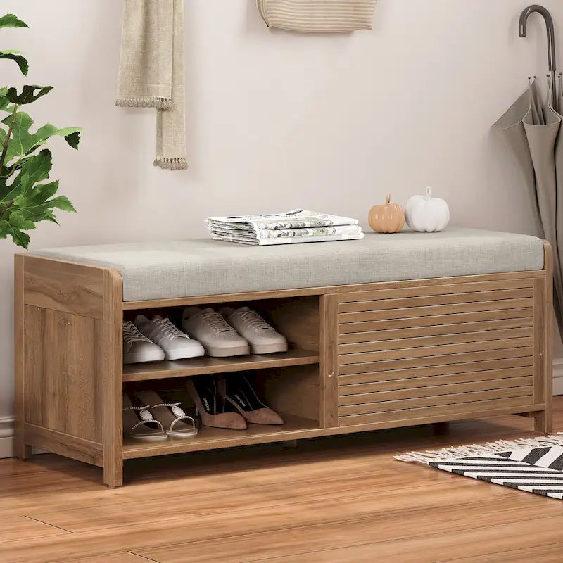 Distressed Shutter Storage Bench with Acacia Veneer for Retro Charm for Living Room, Entryway