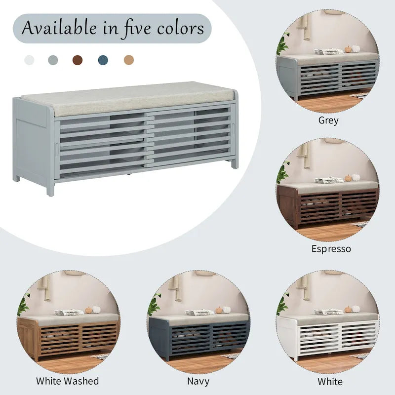 Distressed Shutter Storage Bench with Acacia Veneer for Retro Charm for Living Room, Entryway
