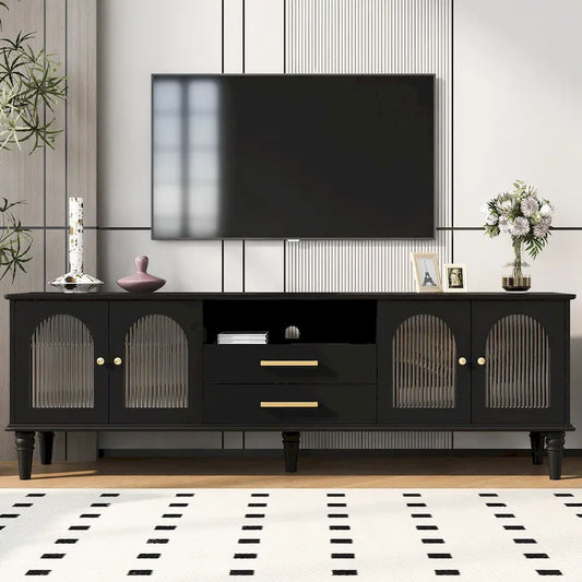 68.9  Retro TV Stand for TVs up to 75 Inches, Entertainment Center Media Console with Arched Style Fluted Glass Doors, 2Drawers