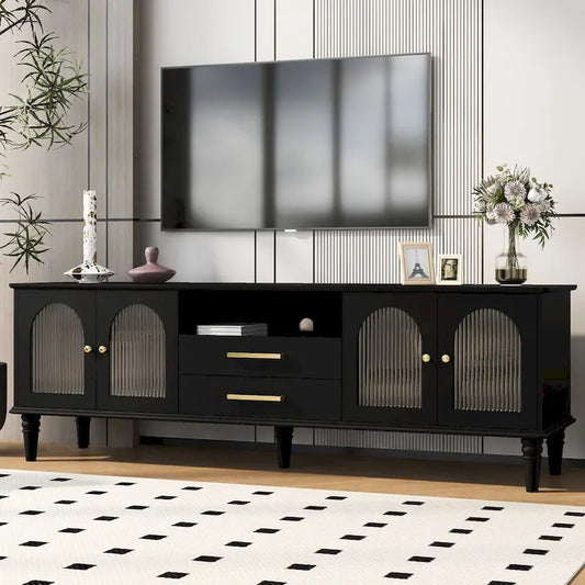 68.9  Retro TV Stand for TVs up to 75 Inches, Entertainment Center Media Console with Arched Style Fluted Glass Doors, 2Drawers