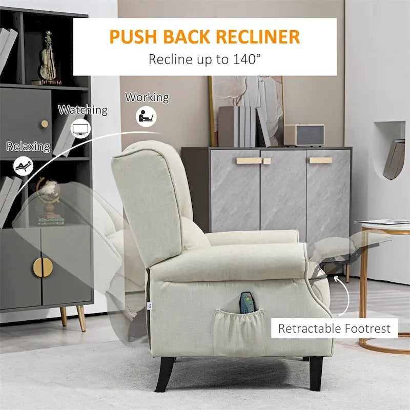 Massage Linen Recliner Chair with Heat,Footrest and Side Pocket