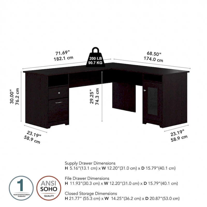 Cabot 72W L Shaped Computer Desk with Storage by Bush Furniture
