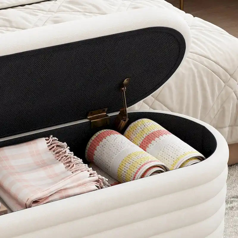 Storage Chenille Ottoman Bench Upholstered Fabric Storage Bench End of Bed Stool with Safety Hinge