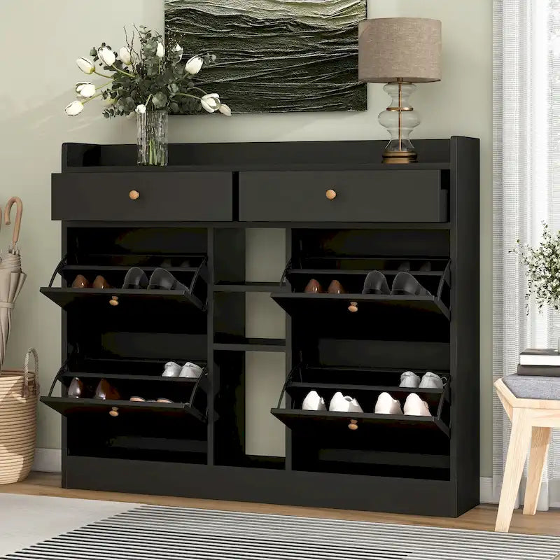 Modern Tipping Bucket Shoe Cabinet with 4 Flip Drawers, Multifunctional 2-Tier Shoe Storage Organizer with Drawers