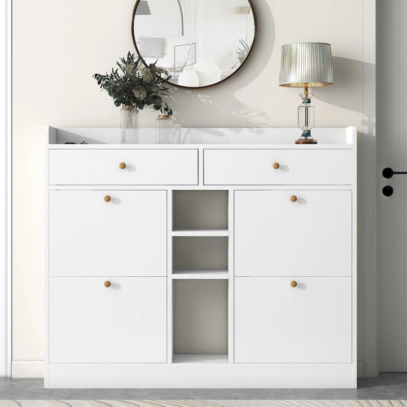 Modern Tipping Bucket Shoe Cabinet with 4 Flip Drawers, Multifunctional 2-Tier Shoe Storage Organizer with Drawers
