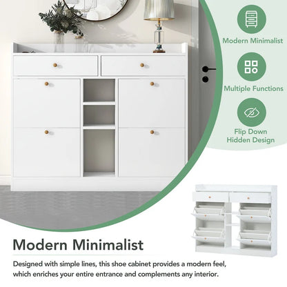 Modern Tipping Bucket Shoe Cabinet with 4 Flip Drawers, Multifunctional 2-Tier Shoe Storage Organizer with Drawers