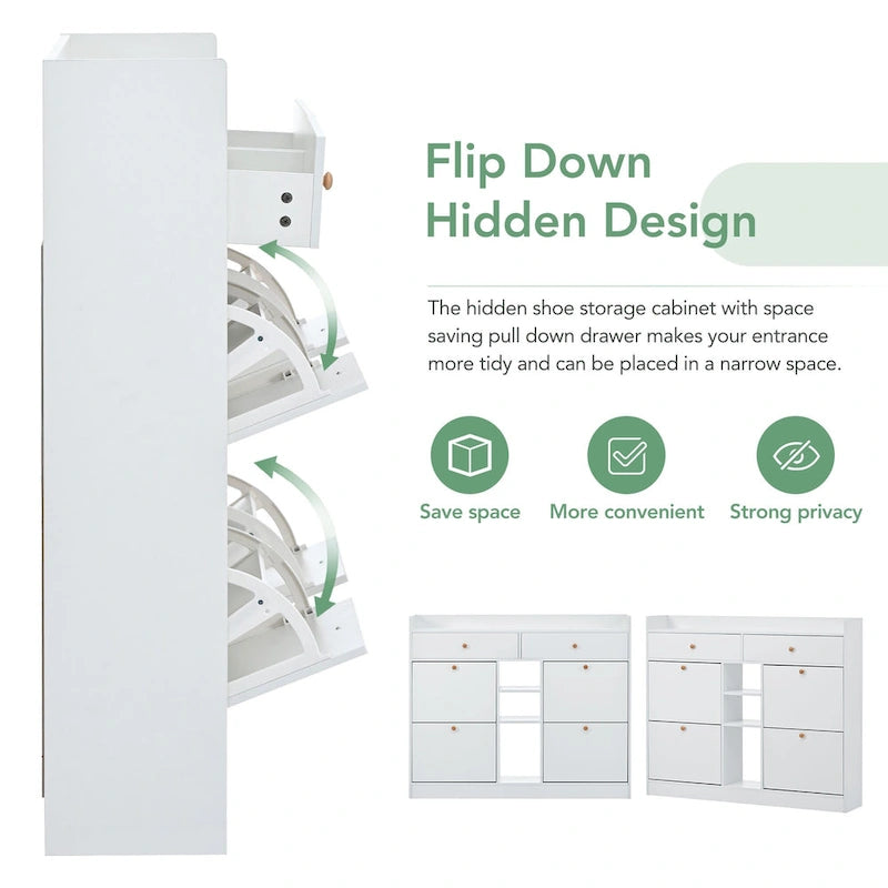 Modern Tipping Bucket Shoe Cabinet with 4 Flip Drawers, Multifunctional 2-Tier Shoe Storage Organizer with Drawers