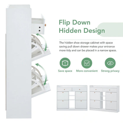 Modern Tipping Bucket Shoe Cabinet with 4 Flip Drawers, Multifunctional 2-Tier Shoe Storage Organizer with Drawers