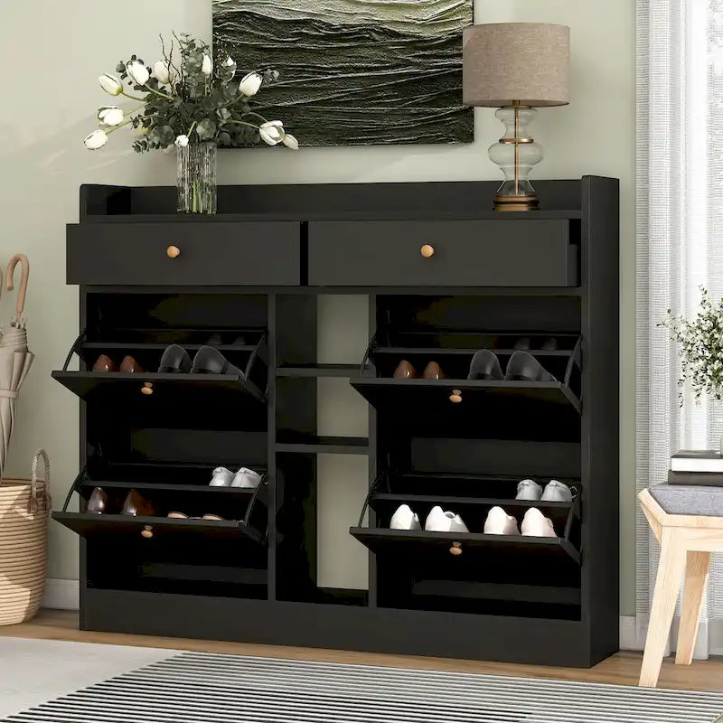 Modern Tipping Bucket Shoe Cabinet with 4 Flip Drawers, Multifunctional 2-Tier Shoe Storage Organizer with Drawers