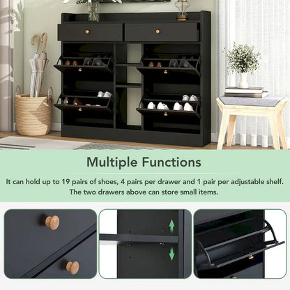 Modern Tipping Bucket Shoe Cabinet with 4 Flip Drawers, Multifunctional 2-Tier Shoe Storage Organizer with Drawers