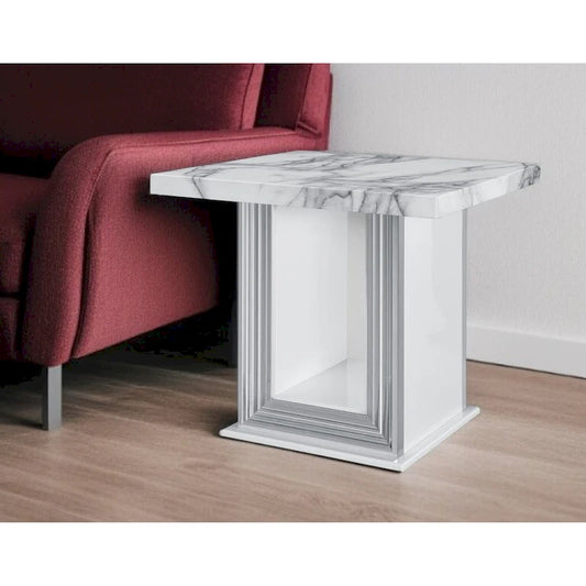 HomeRoots 24  White and Silver Faux Marble and Wood Pedestal End Table - 26' X '24.4' X '26