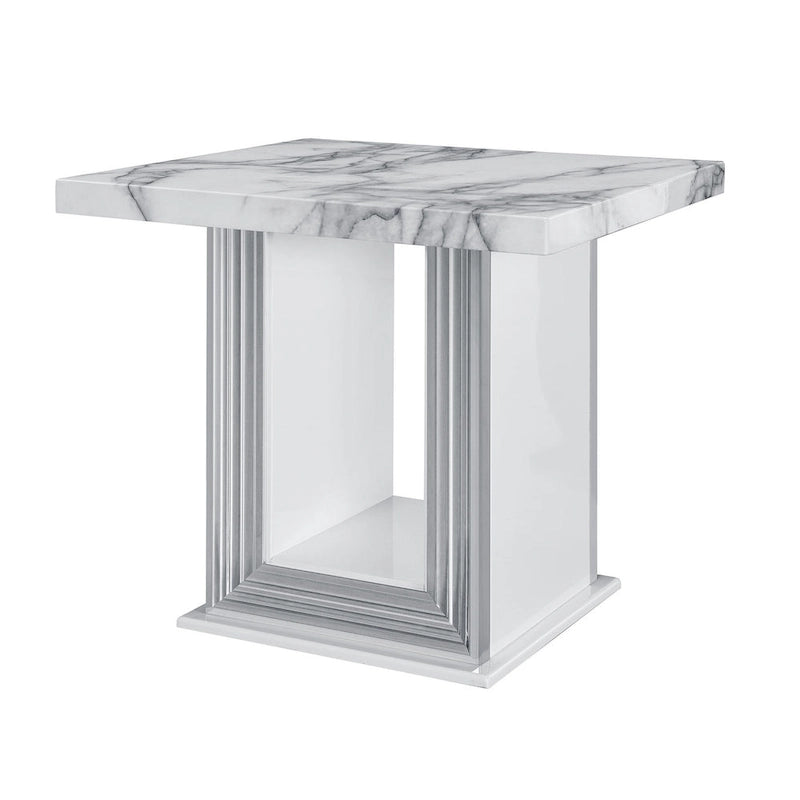 HomeRoots 24  White and Silver Faux Marble and Wood Pedestal End Table - 26' X '24.4' X '26