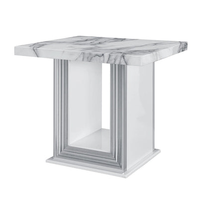 HomeRoots 24  White and Silver Faux Marble and Wood Pedestal End Table - 26' X '24.4' X '26