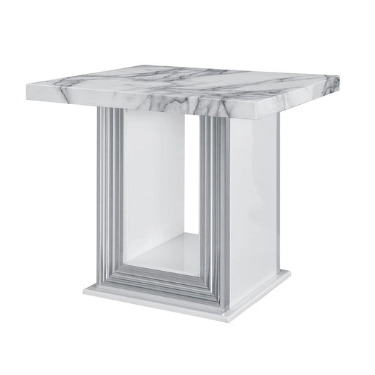 HomeRoots 24  White and Silver Faux Marble and Wood Pedestal End Table - 26' X '24.4' X '26