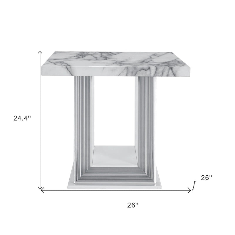 HomeRoots 24  White and Silver Faux Marble and Wood Pedestal End Table - 26' X '24.4' X '26