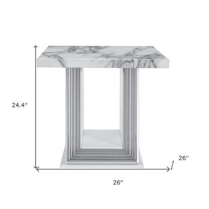 HomeRoots 24  White and Silver Faux Marble and Wood Pedestal End Table - 26' X '24.4' X '26