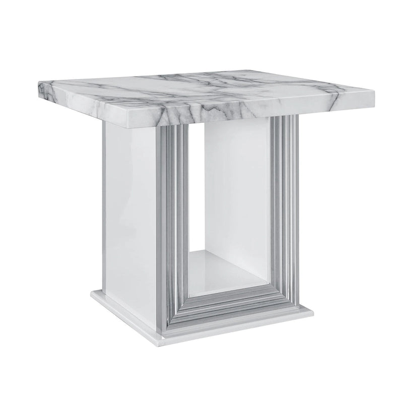 HomeRoots 24  White and Silver Faux Marble and Wood Pedestal End Table - 26' X '24.4' X '26