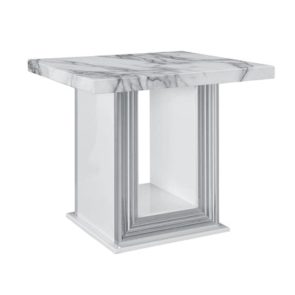 HomeRoots 24  White and Silver Faux Marble and Wood Pedestal End Table - 26' X '24.4' X '26