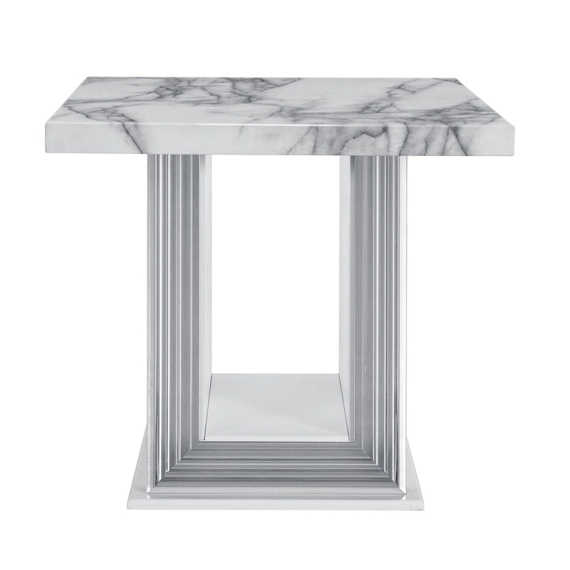 HomeRoots 24  White and Silver Faux Marble and Wood Pedestal End Table - 26' X '24.4' X '26