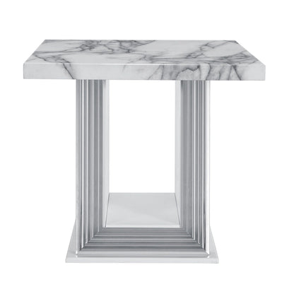 HomeRoots 24  White and Silver Faux Marble and Wood Pedestal End Table - 26' X '24.4' X '26