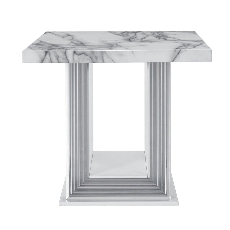 HomeRoots 24  White and Silver Faux Marble and Wood Pedestal End Table - 26' X '24.4' X '26