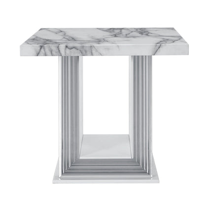 HomeRoots 24  White and Silver Faux Marble and Wood Pedestal End Table - 26' X '24.4' X '26