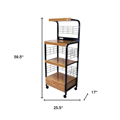 HomeRoots Black and Natural 26 Rolling Kitchen Cart With Storage - 25.5' X '59.5' X '17