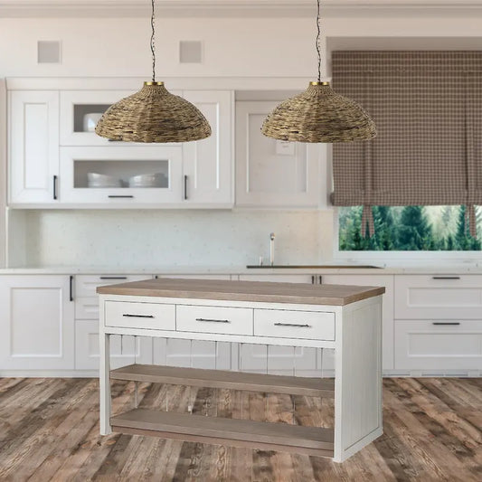 HomeRoots White And Brown Two Tone Wooden Kitchen Island With 3 Drawers - 30' X '34.5' X '60