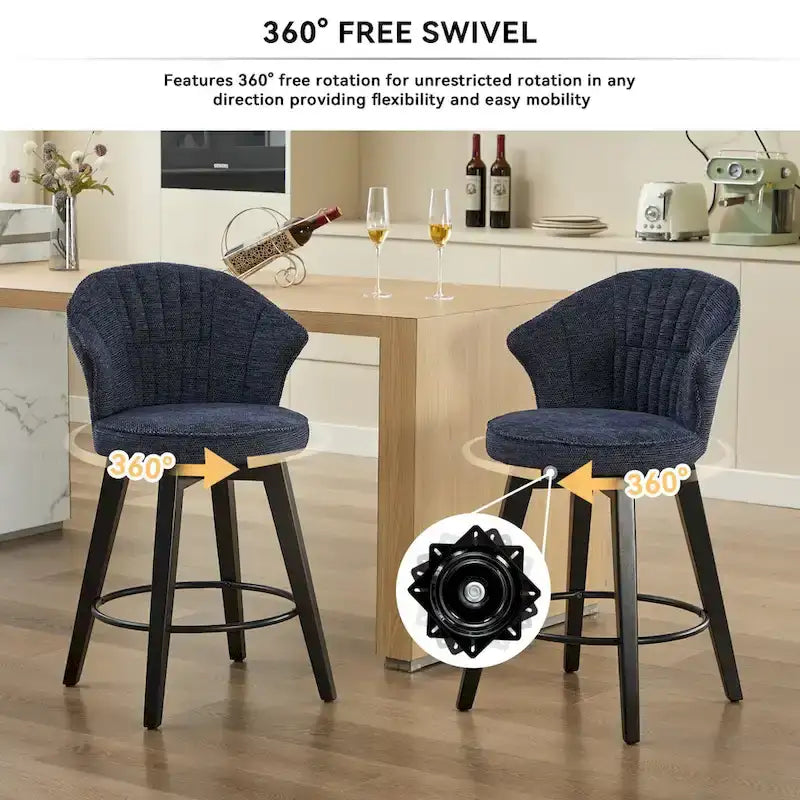 Wing Back Swivel Bar Stools Set of 2 - 25  Counter Height Adjustable Stools with Wood Legs & Chenille Upholstery, Leveling Feet