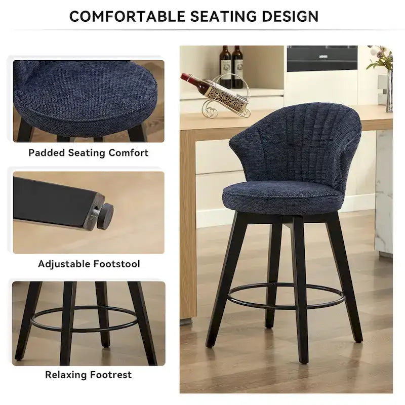 Wing Back Swivel Bar Stools Set of 2 - 25  Counter Height Adjustable Stools with Wood Legs & Chenille Upholstery, Leveling Feet