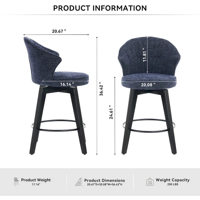 Wing Back Swivel Bar Stools Set of 2 - 25  Counter Height Adjustable Stools with Wood Legs & Chenille Upholstery, Leveling Feet