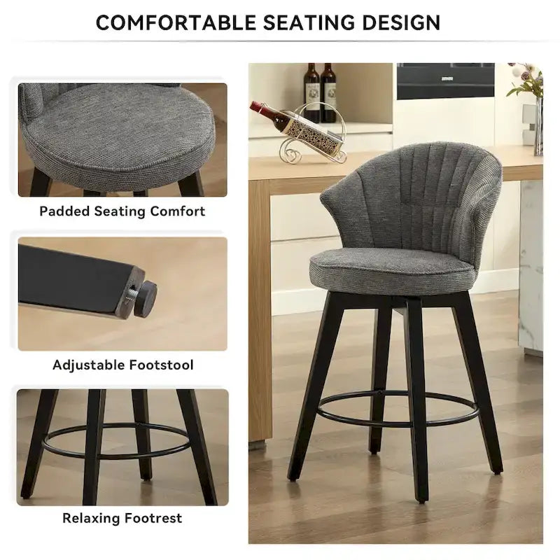 Wing Back Swivel Bar Stools Set of 2 - 25  Counter Height Adjustable Stools with Wood Legs & Chenille Upholstery, Leveling Feet