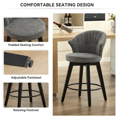 Wing Back Swivel Bar Stools Set of 2 - 25  Counter Height Adjustable Stools with Wood Legs & Chenille Upholstery, Leveling Feet