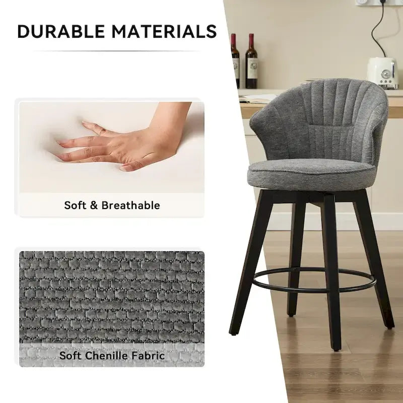 Wing Back Swivel Bar Stools Set of 2 - 25  Counter Height Adjustable Stools with Wood Legs & Chenille Upholstery, Leveling Feet