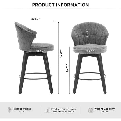 Wing Back Swivel Bar Stools Set of 2 - 25  Counter Height Adjustable Stools with Wood Legs & Chenille Upholstery, Leveling Feet