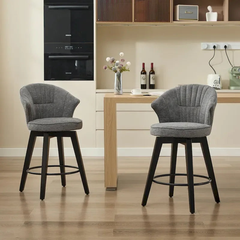 Wing Back Swivel Bar Stools Set of 2 - 25  Counter Height Adjustable Stools with Wood Legs & Chenille Upholstery, Leveling Feet
